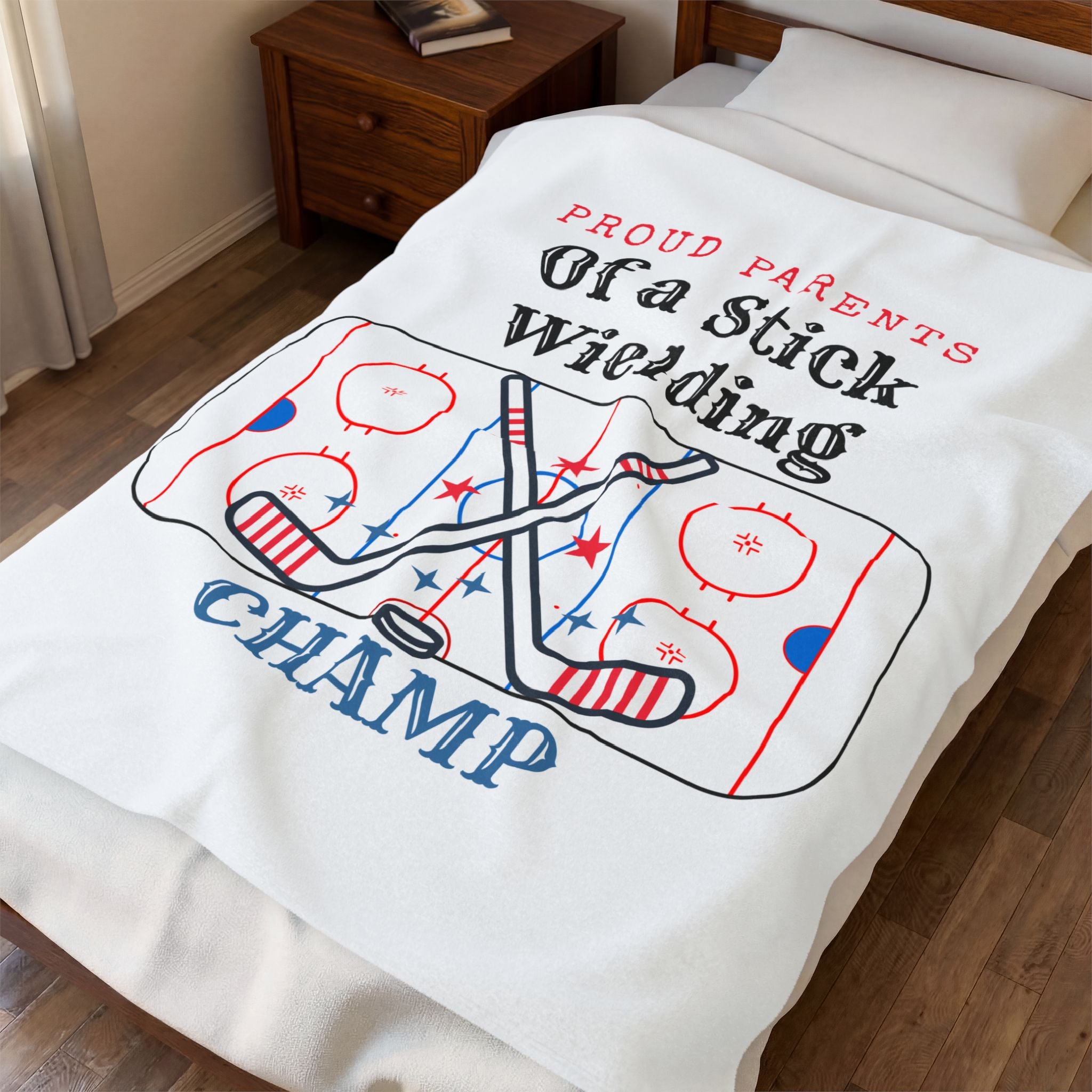 Velveteen Plush Blanket — "Proud Parents of a Stick Wielding Champ" Hockey Baby Shower Gift