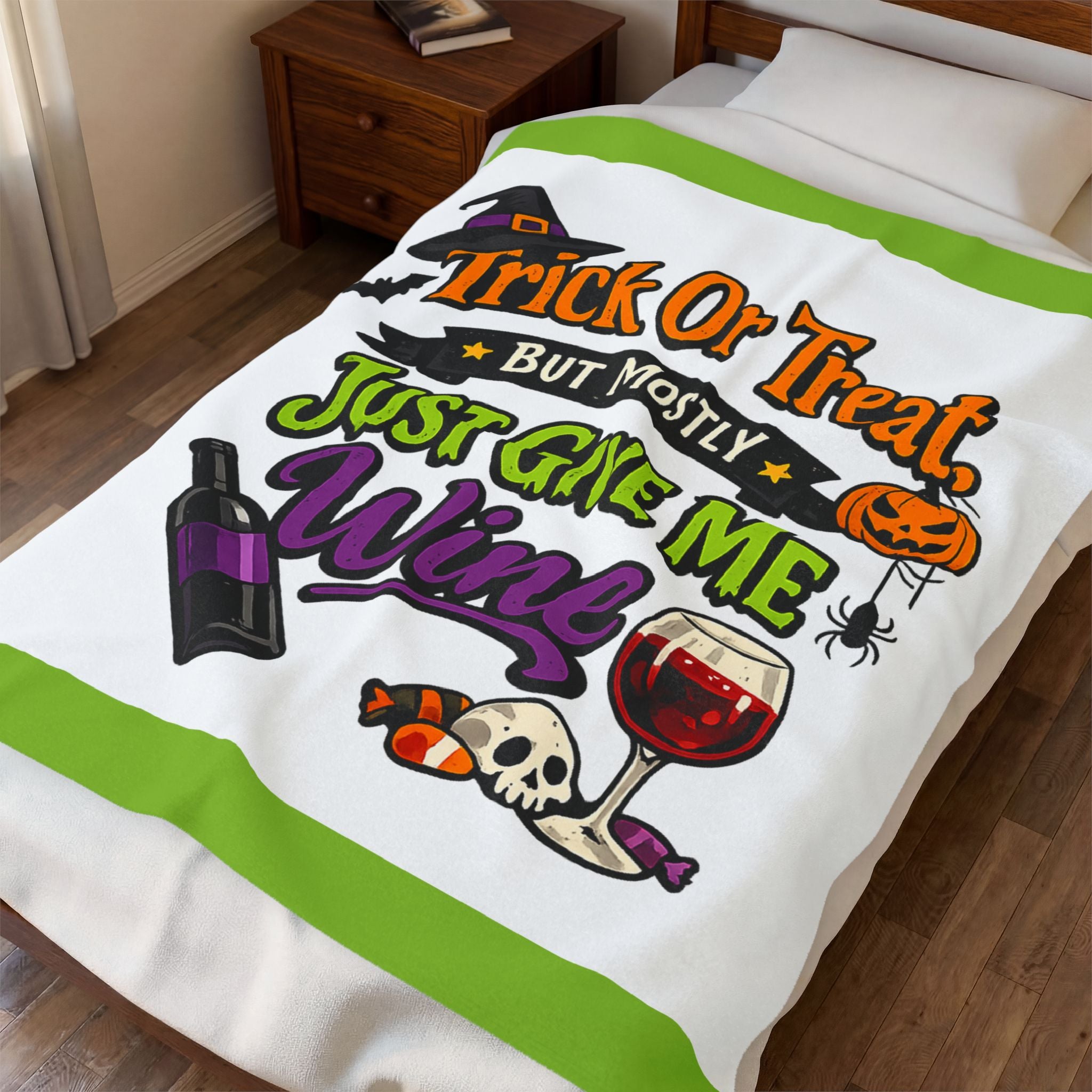 Halloween Wine Plush Blanket – “Trick Or Treat But Mostly Just Give Me Wine” Velveteen Throw
