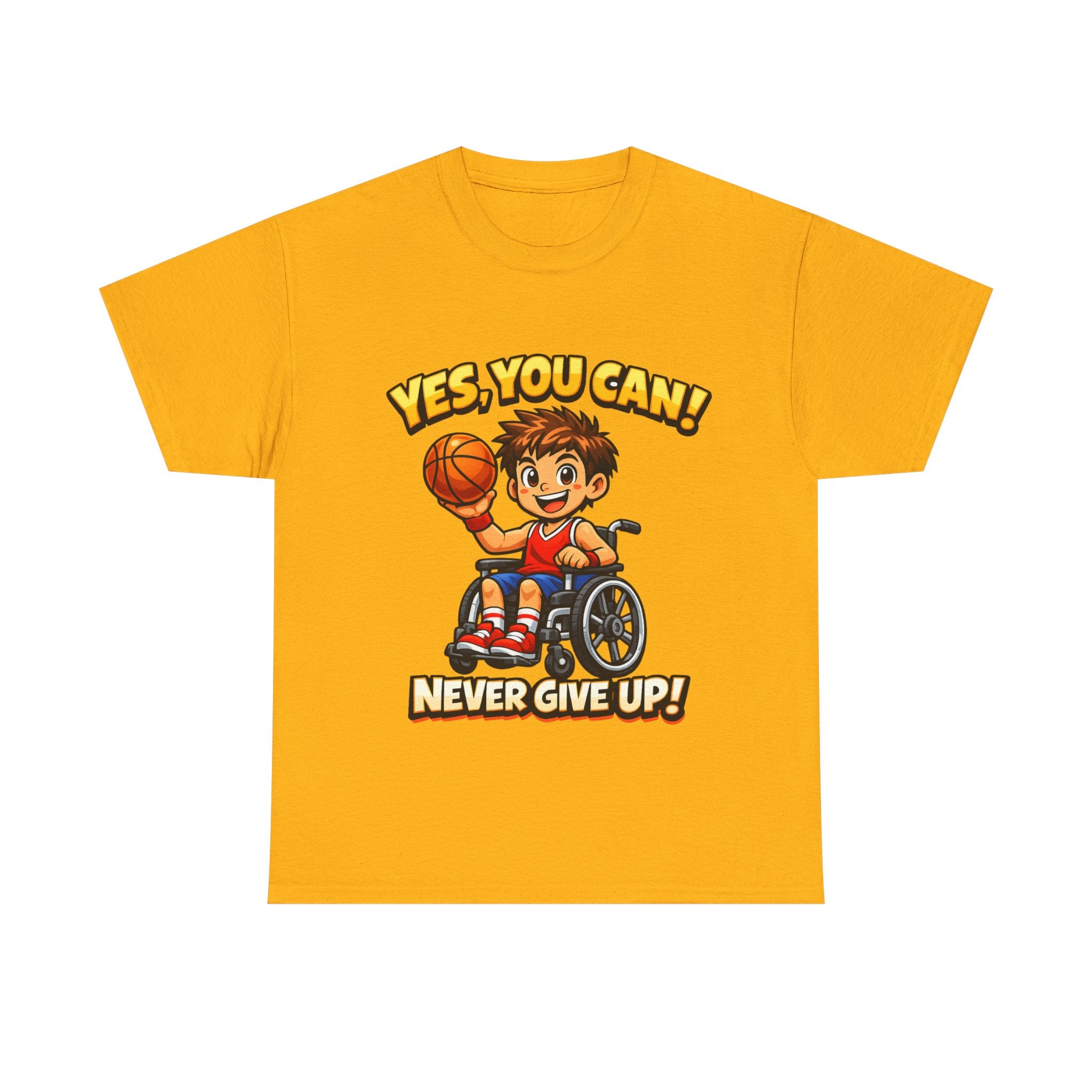 Youth Wheelchair Basketball T‑Shirt — "Yes, You Can! Never Give Up!" Motivational Tee