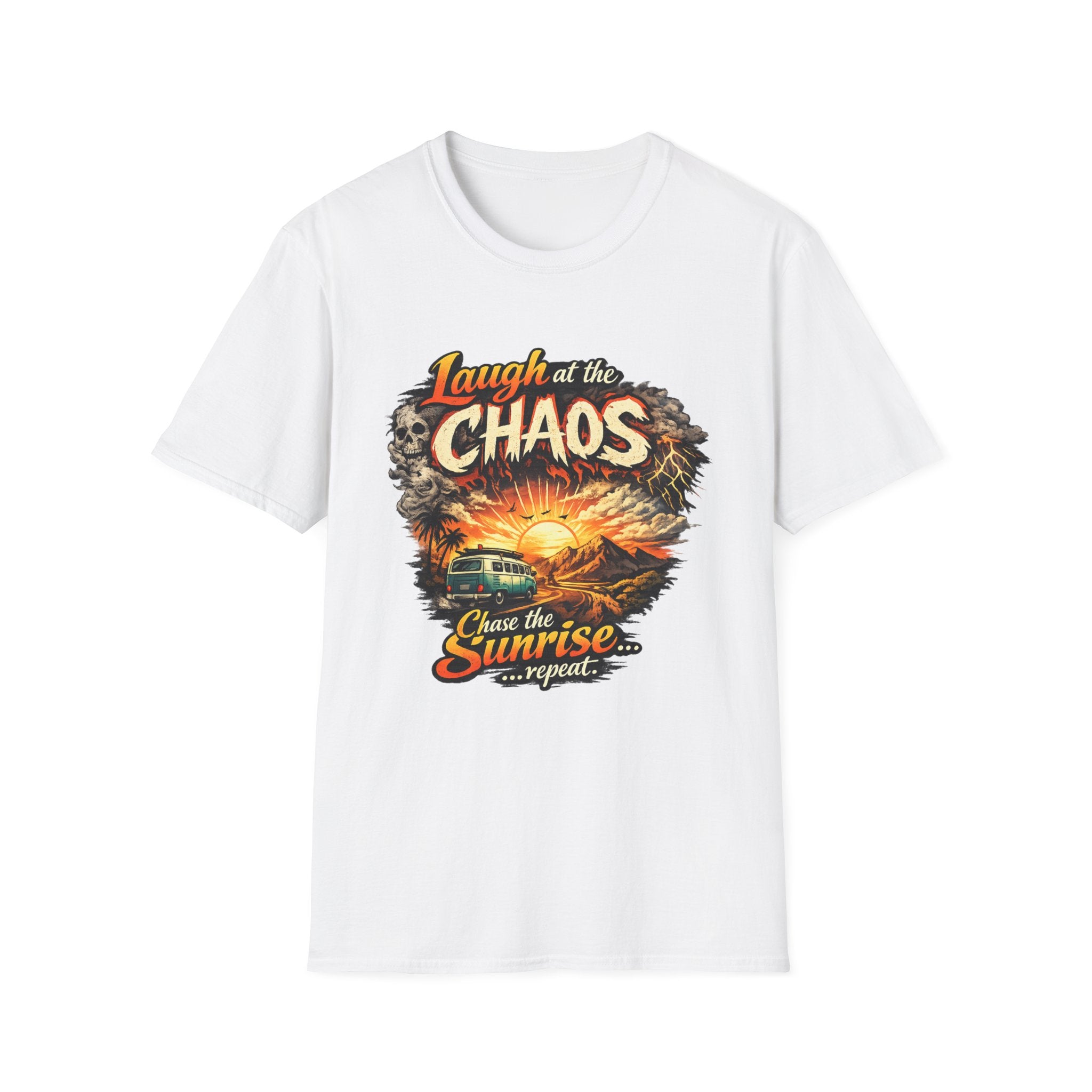 Laugh at the Chaos Sunset Road Trip T-Shirt — "Chase the Sunrise" Adventure Tee