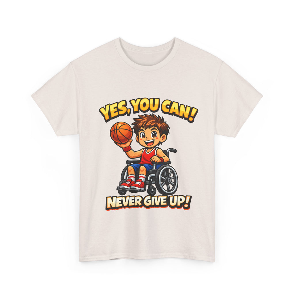 Youth Wheelchair Basketball T‑Shirt — "Yes, You Can! Never Give Up!" Motivational Tee