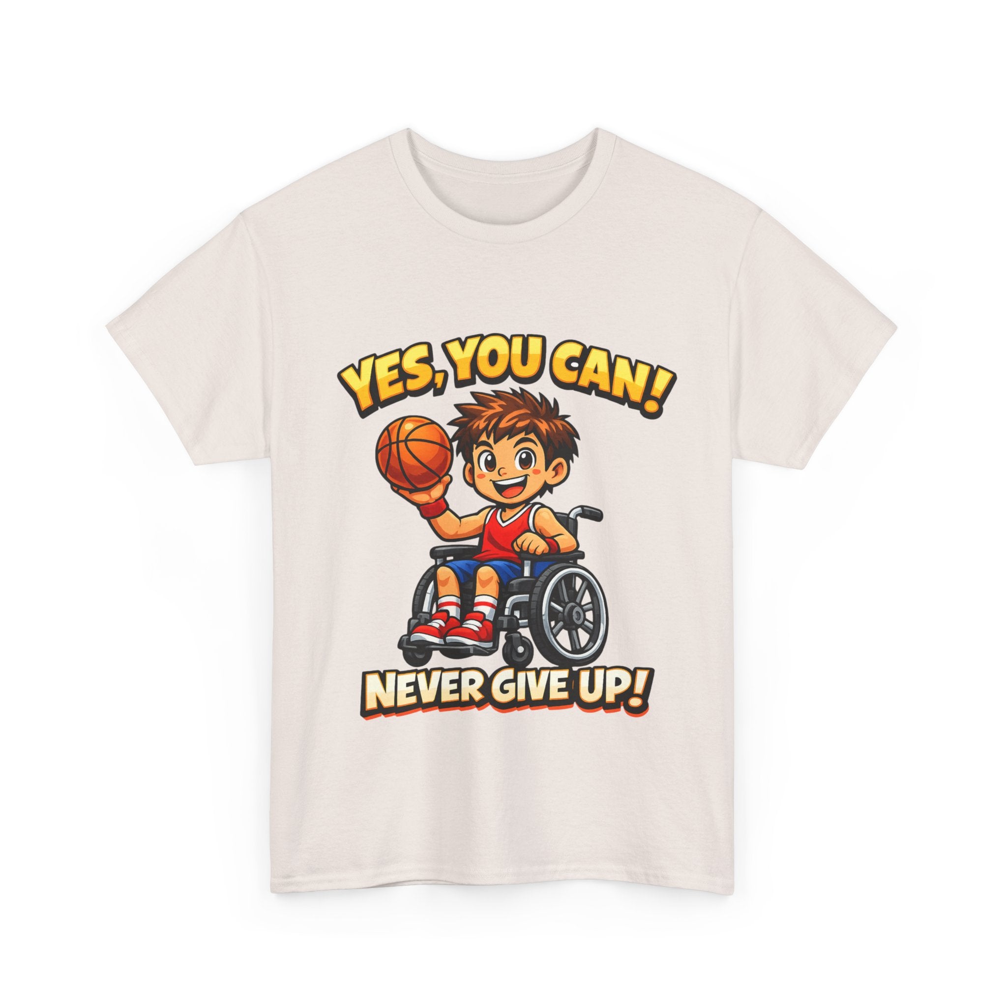 Youth Wheelchair Basketball T‑Shirt — "Yes, You Can! Never Give Up!" Motivational Tee