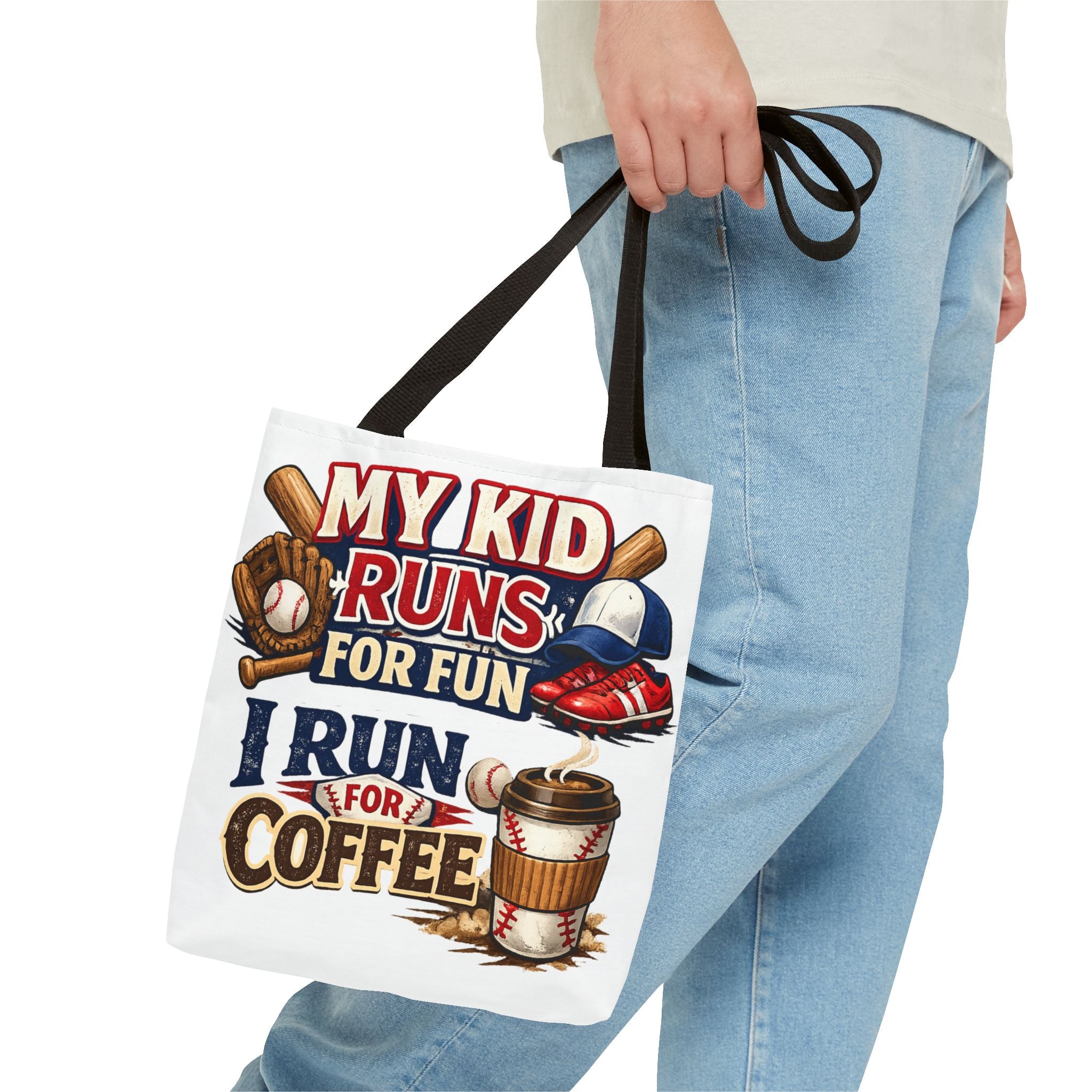 Tote Bag — "My Kid Runs for Fun, I Run for Coffee" Baseball Mom Tote
