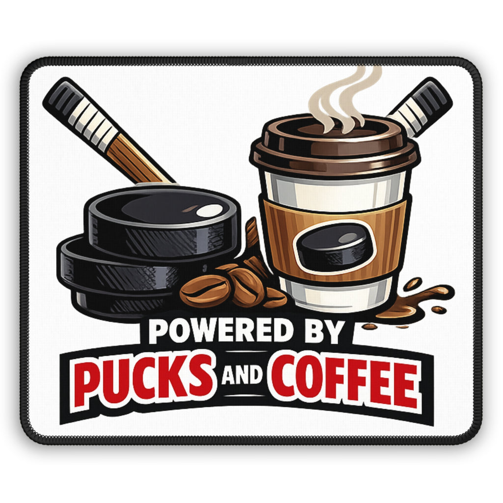 Gaming Mouse Pad — "Powered by Pucks and Coffee" Hockey Coffee Lover Mousepad