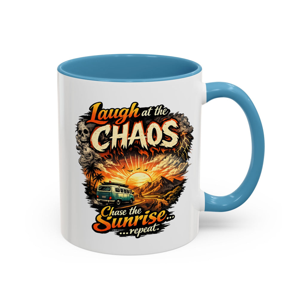Laugh at the Chaos Sunrise Accent Coffee Mug — Retro Beach Camper Coffee Cup (11/15 oz)