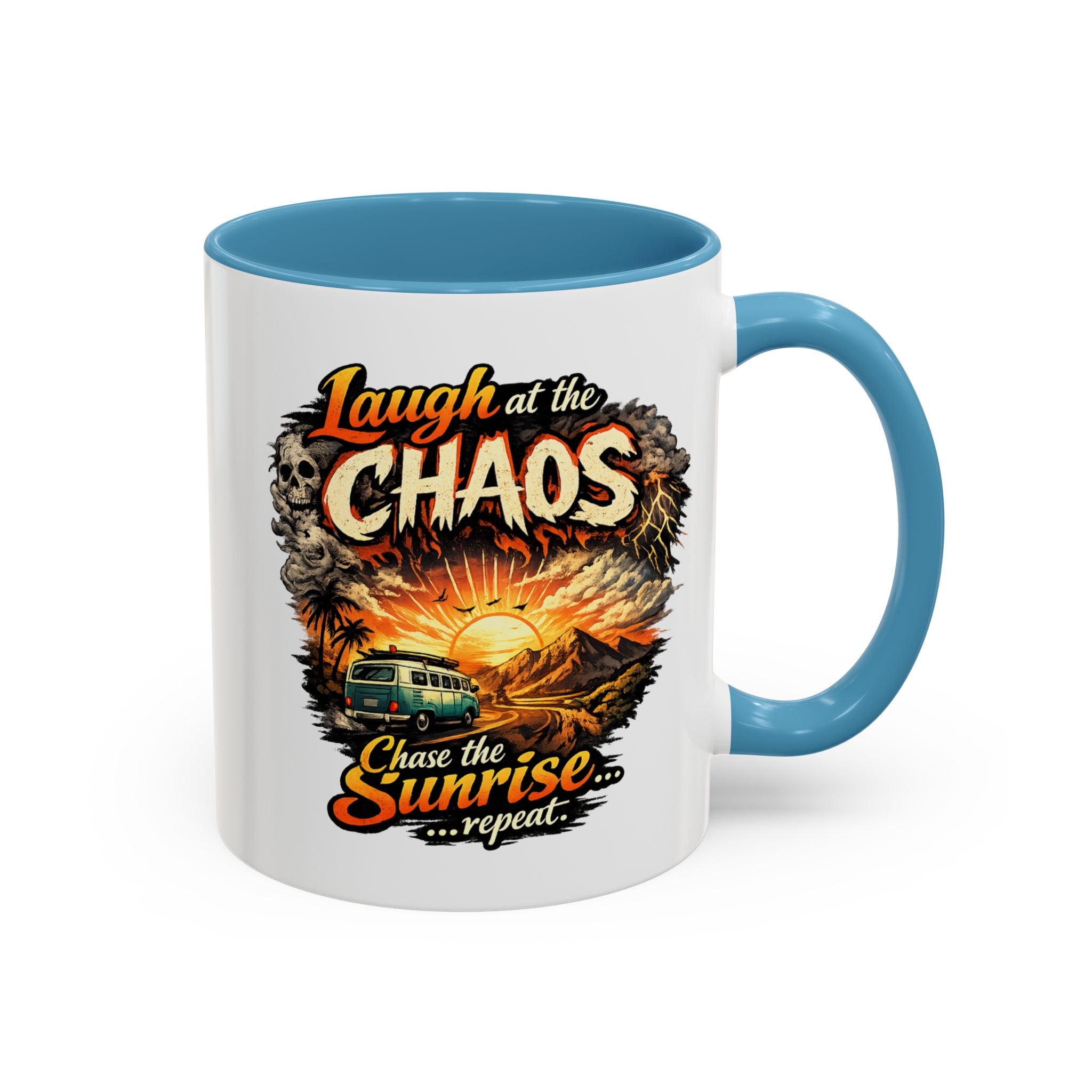 Laugh at the Chaos Sunrise Accent Coffee Mug — Retro Beach Camper Coffee Cup (11/15 oz)