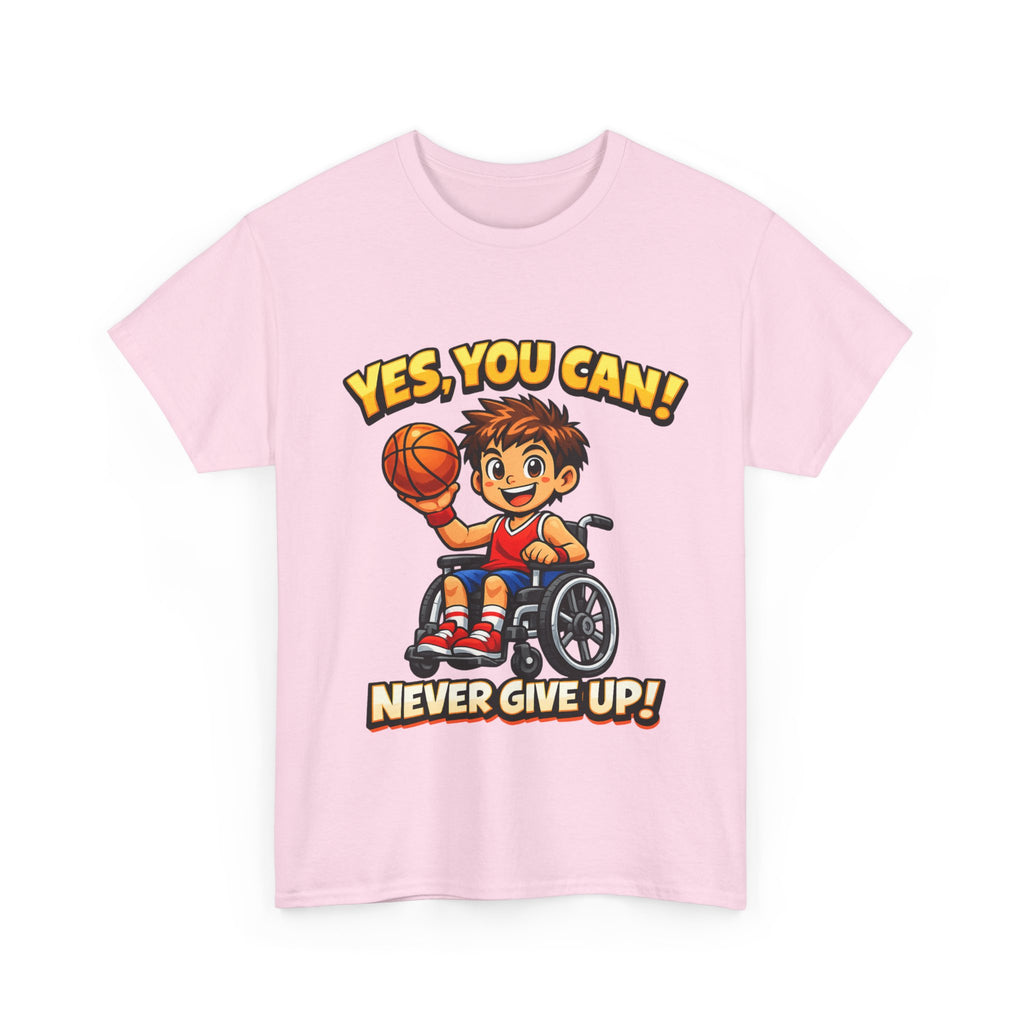Youth Wheelchair Basketball T‑Shirt — "Yes, You Can! Never Give Up!" Motivational Tee
