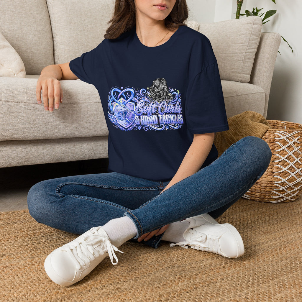 Soft Curls, Sharp Tackles T-Shirt — Women’s Football Mom Graphic Tee