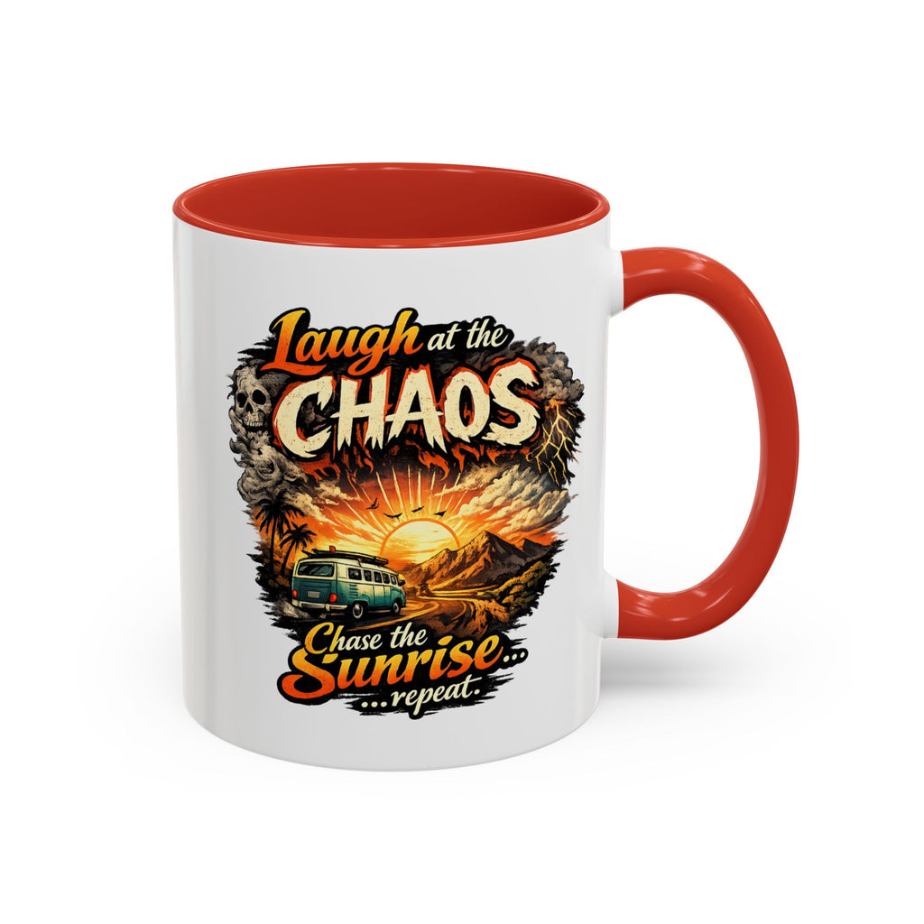 Laugh at the Chaos Sunrise Accent Coffee Mug — Retro Beach Camper Coffee Cup (11/15 oz)