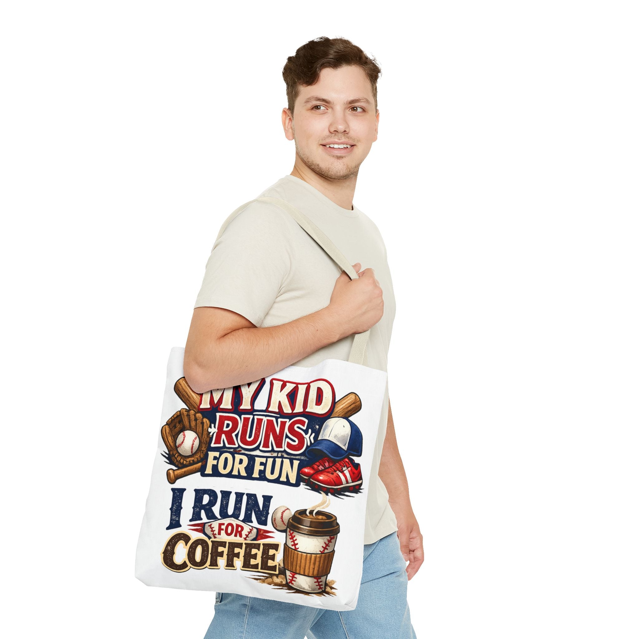 Tote Bag — "My Kid Runs for Fun, I Run for Coffee" Baseball Mom Tote