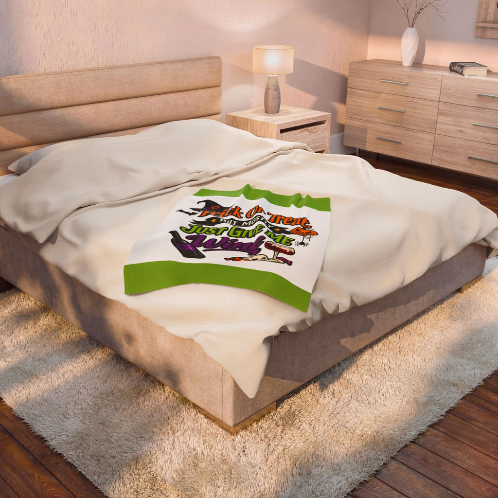 Halloween Wine Plush Blanket – “Trick Or Treat But Mostly Just Give Me Wine” Velveteen Throw