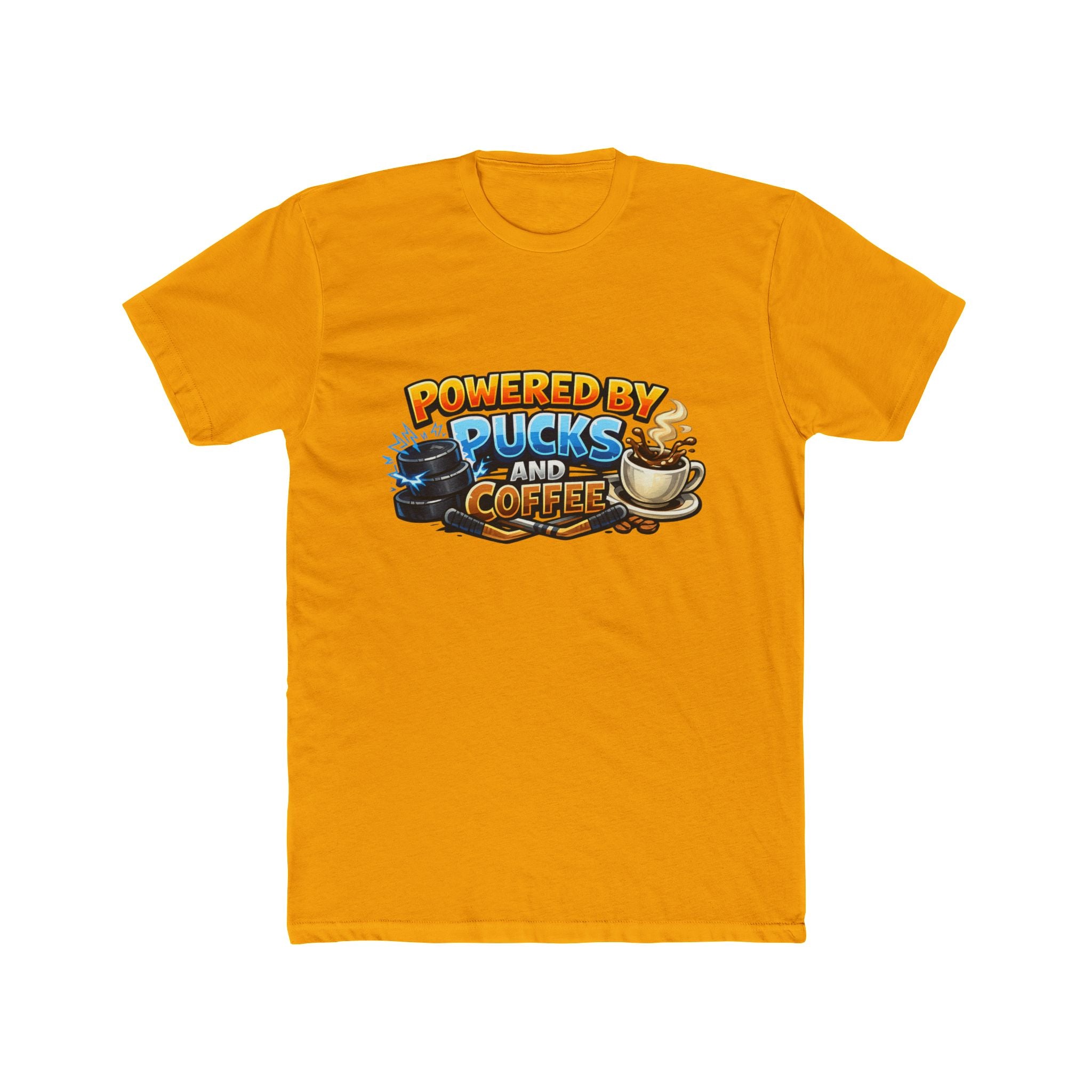 Powered by Pucks and Coffee Hockey T‑Shirt — Funny Hockey Player Gift