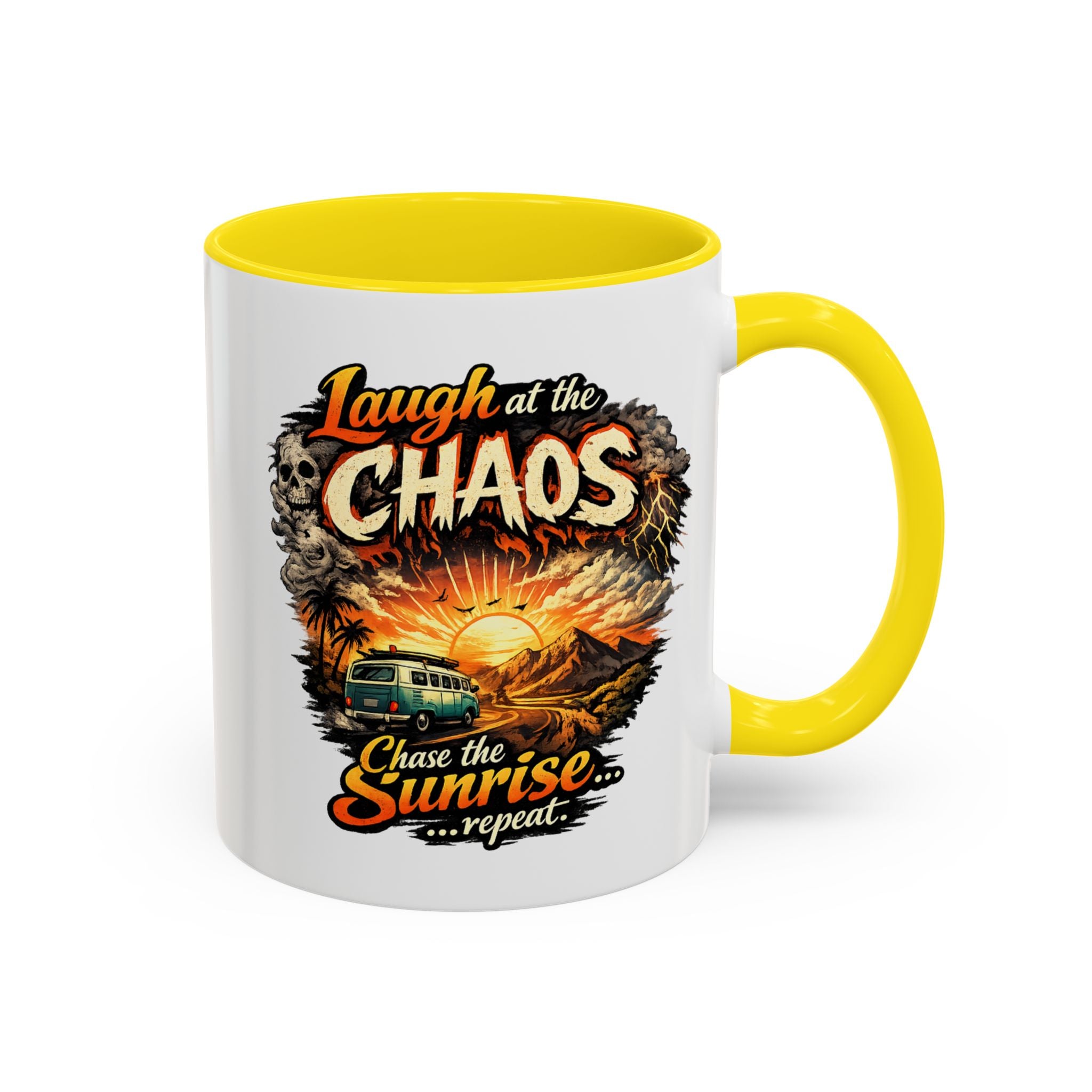 Laugh at the Chaos Sunrise Accent Coffee Mug — Retro Beach Camper Coffee Cup (11/15 oz)