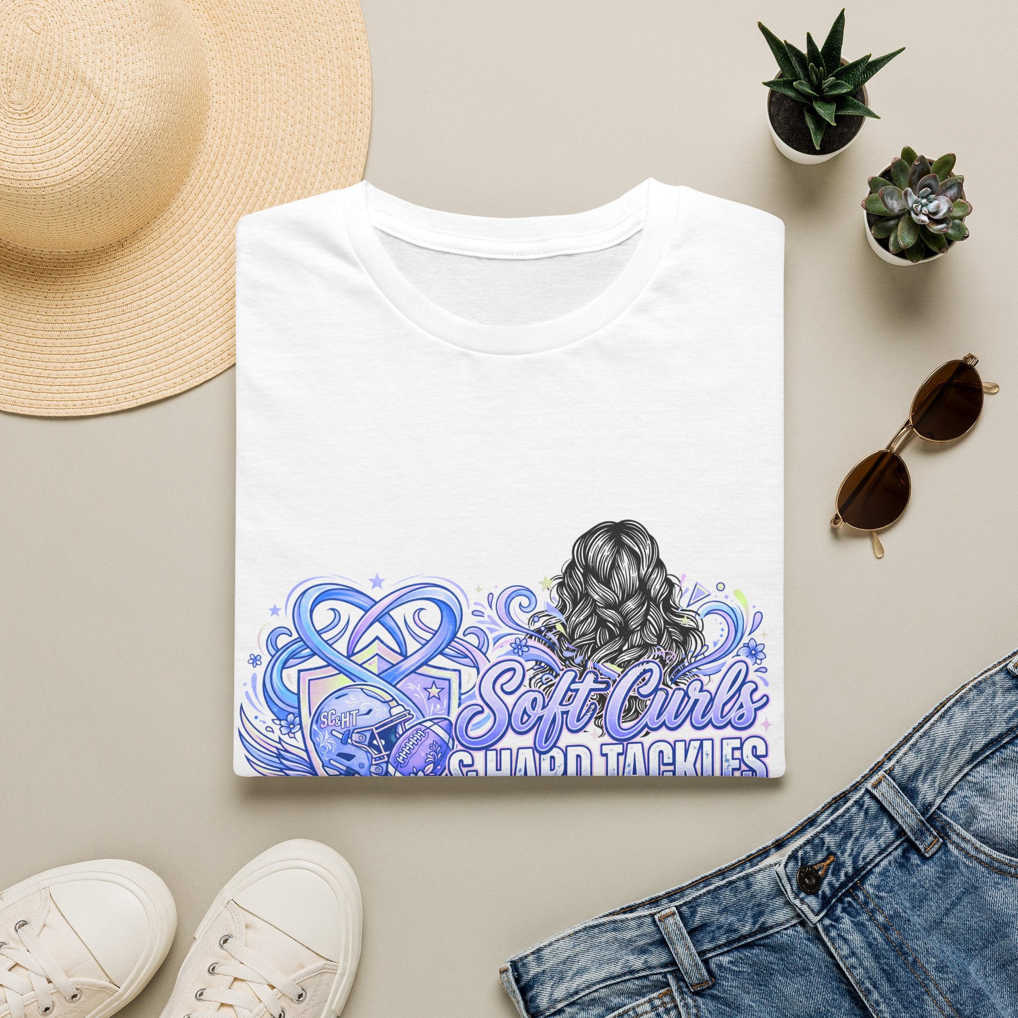 Soft Curls, Sharp Tackles T-Shirt — Women’s Football Mom Graphic Tee