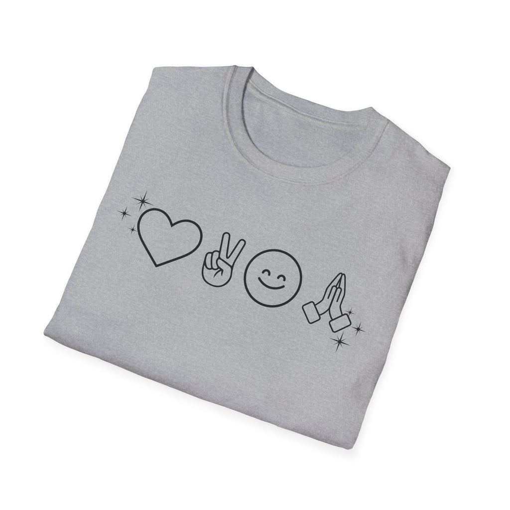 Peace Love Pray Minimal Emoji T‑Shirt — Heart, Peace, Smile, Praying Hands Graphic Tee
