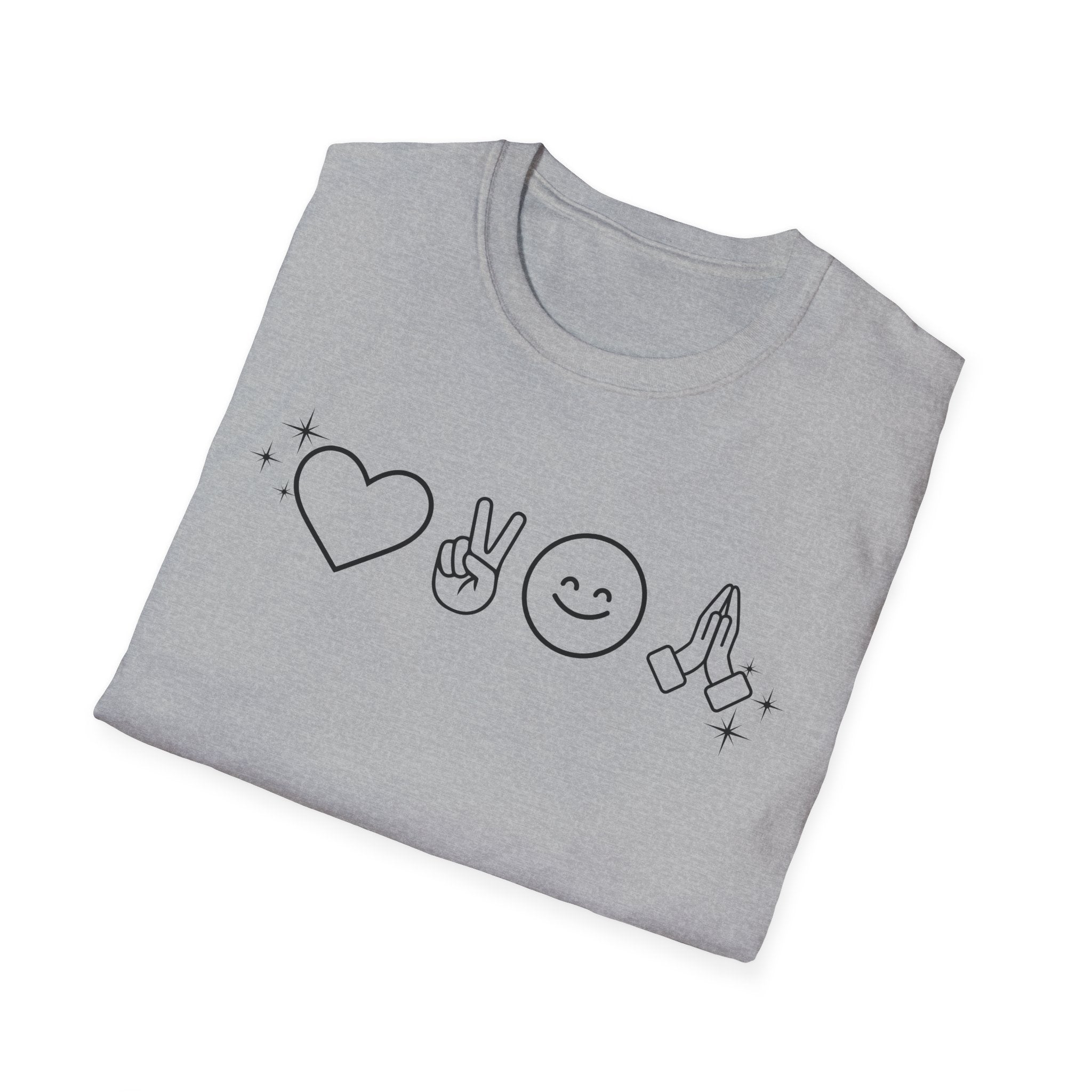 Peace Love Pray Minimal Emoji T‑Shirt — Heart, Peace, Smile, Praying Hands Graphic Tee
